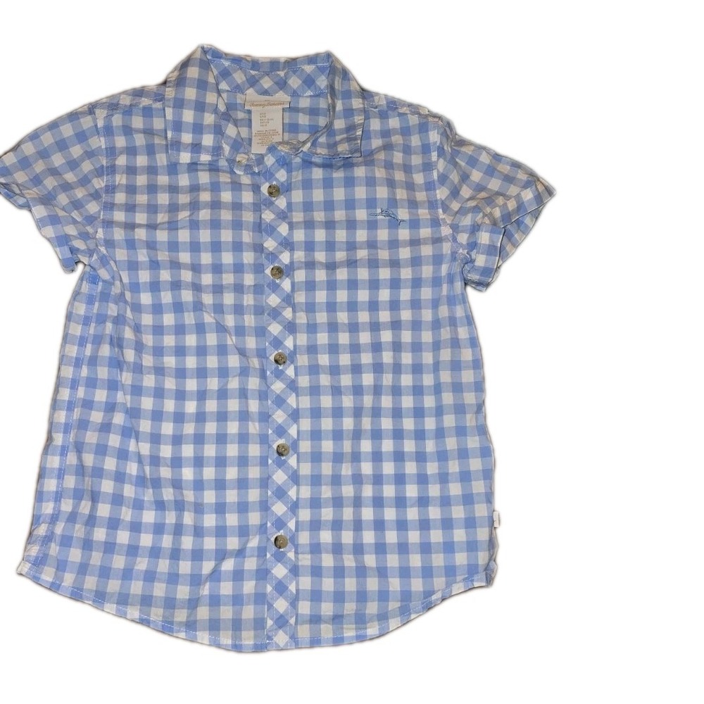 TOMMY BAHAMA Girl Shirt Button Up SZ 8 Short Sleeve Check Blue Cottagecore